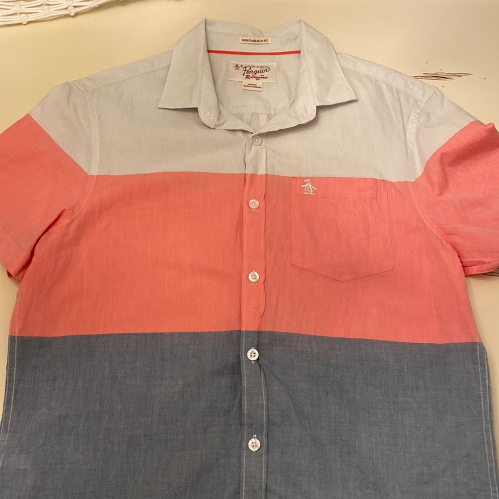 Original Penguin Men's Casual Button Down Shirt - Pink, Gray, and Blue